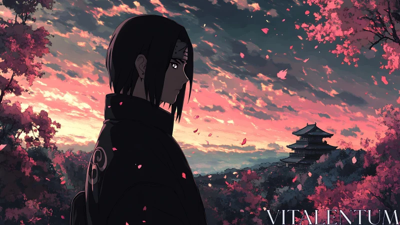 Solitary anime warrior watches a tranquil cherry blossom dusk