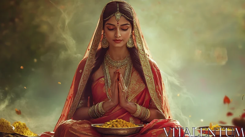 Woman in red sari sits praying before flower offerings