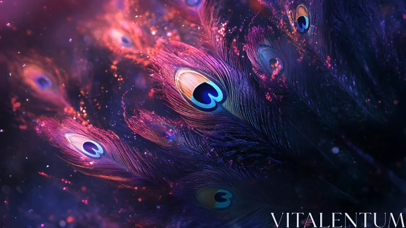 Vivid peacock feathers in neon purple and blue light.