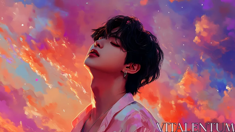 Side profile portrait aligns with saturated abstract sky background