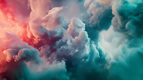 Vibrant abstract cloudscape with teal and coral nebula forms.