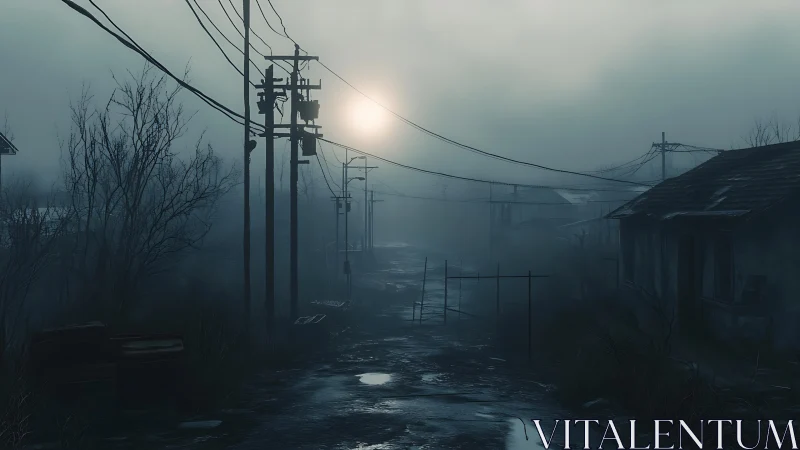 Fog-drenched abandoned street sinks into eerie twilight silence.