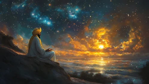 Digital painting of meditative figure under cosmic seascape sky.