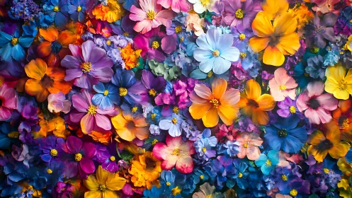 Multicolored overlapping floral pattern in dense composition.