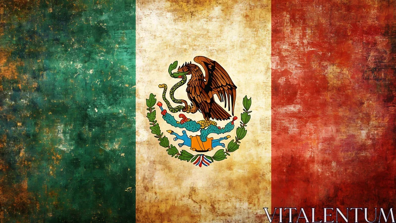Weathered Mexican flag with central national coat of arms.