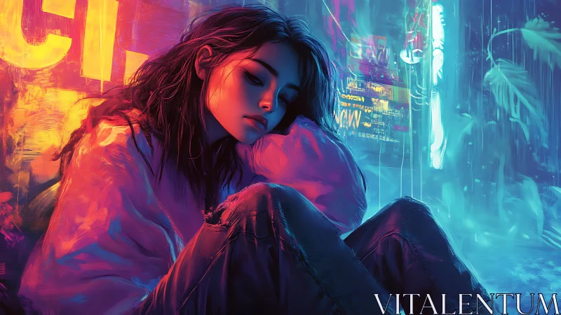 Digital portrait shows seated figure in neon urban setting