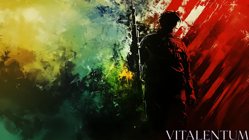 Silhouette soldier divides chaos and fire in abstract storm.