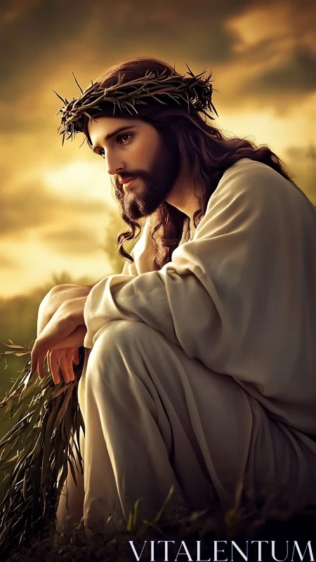 Gentle robed figure resting in golden evening light.