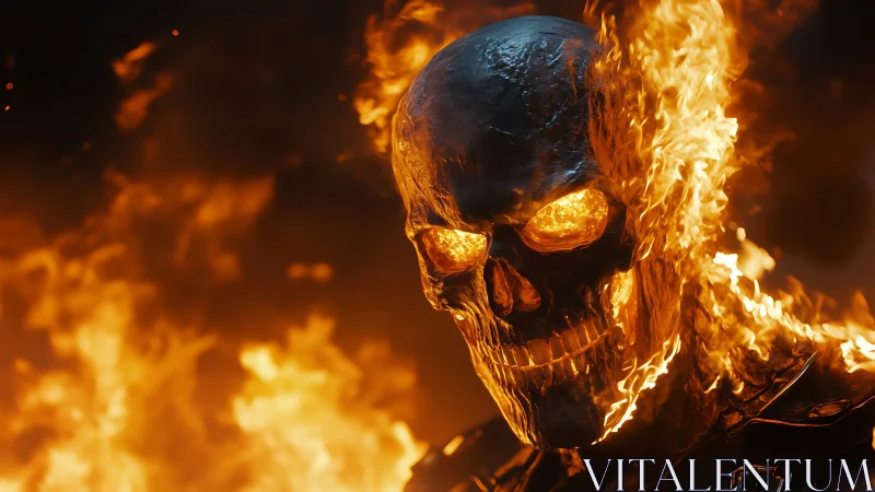 Pyrokinetic metallic skull entity under intense combustion field.
