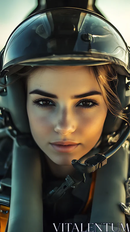 Intense cockpit portrait of female fighter pilot at dusk.