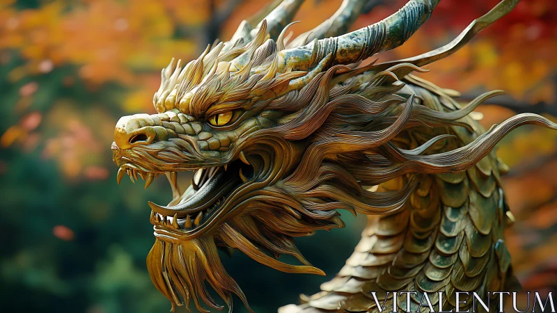 Hyper-detailed golden dragon bust with autumn bokeh backdrop