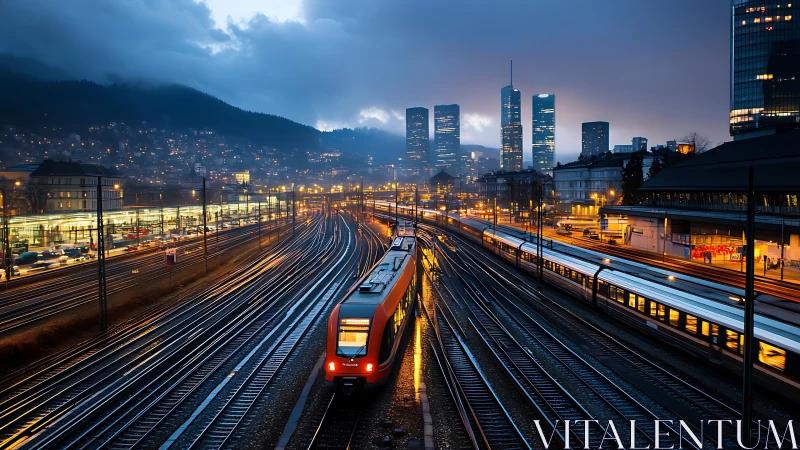 Nightfall city trains race along glowing tracks toward skyline