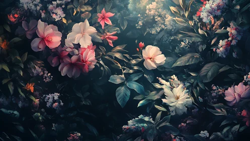 Dark floral garden with layered pink and white flowers