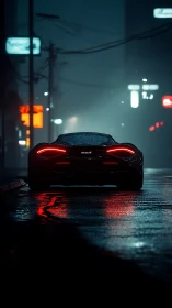 Sports car rear view on wet neon city street at night.