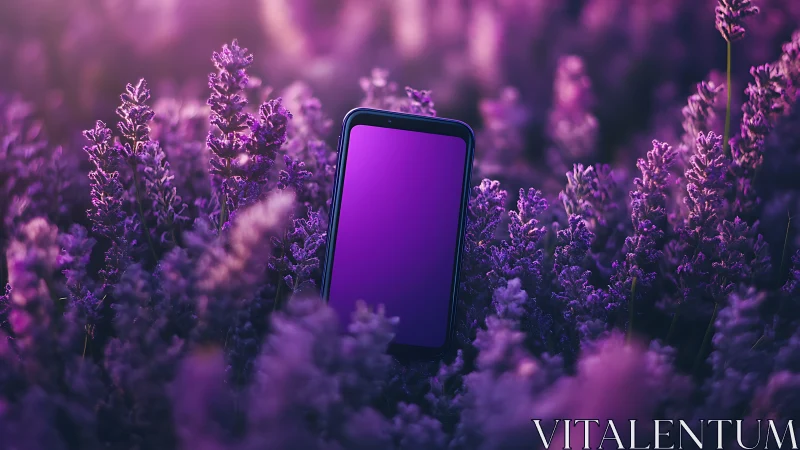 Smartphone nestles quietly in dreamy purple lavender field.