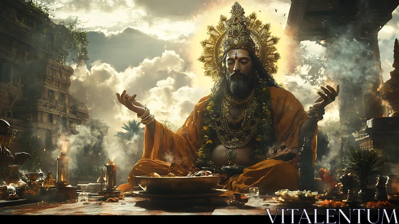 Sunlit temple sage in golden meditation amid swirling incense.