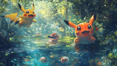 Electric mascots playing in luminous forest creek environment