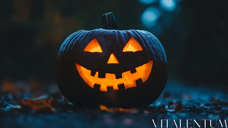 Carved jack-o’-lantern glowing on wet ground at night.