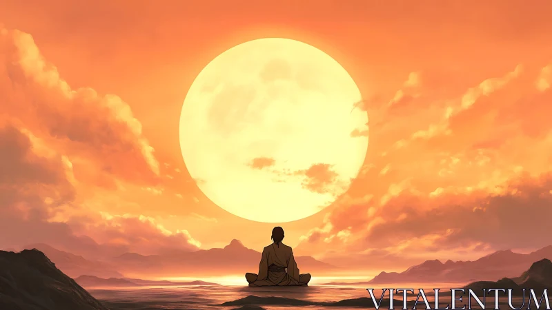 Solitary meditator before oversized sun in luminous orange sky.