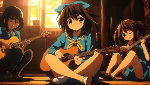 Anime students with acoustic guitars in warm lit room.