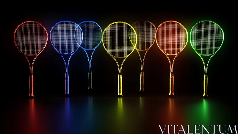 Neon outlined tennis rackets aligned on reflective surface.