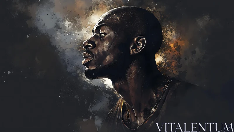 Strong profile portrait glows against a dark cosmic haze