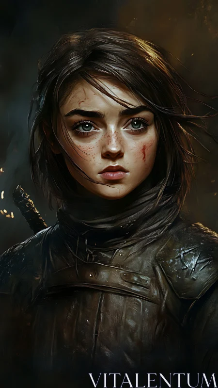 Young battle-scarred rogue under ember-lit battlefield sky.