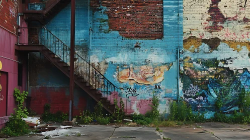 Weathered brick alley wall with peeling paint and graffiti.