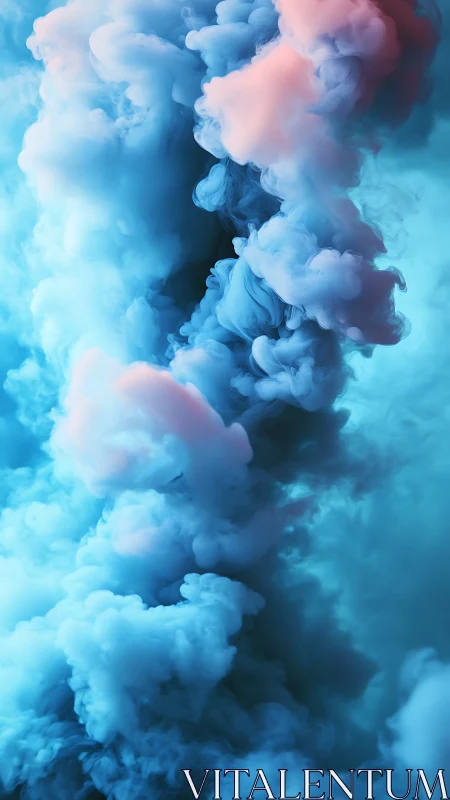 Billowing cyan and pink ink clouds in abstract vertical drift.