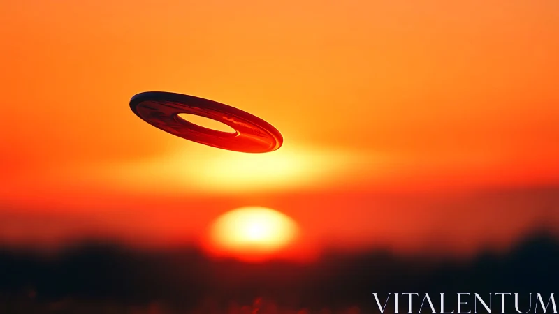 Flying disc glides through a blazing orange summer sunset sky