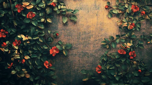 Red Nasturtiums Frame Weathered Wooden Surface