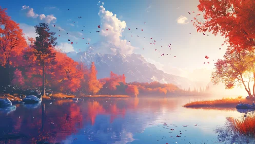 Sunlit autumn lake mirrors glowing mountains in calm serenity