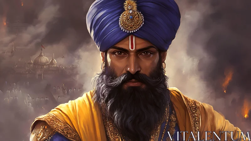 Bearded turbaned leader before domed complex and smoke.