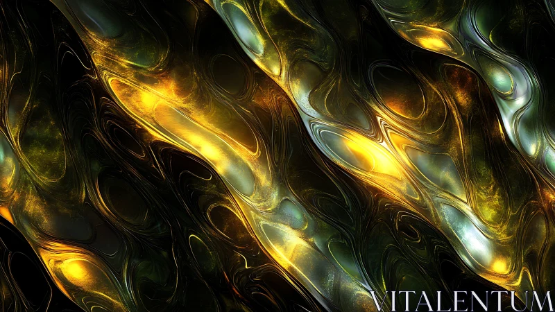Gold and green fluid fractal bands with reflective highlights.