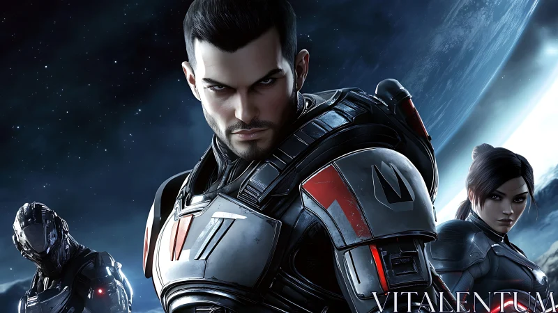 Armored space soldiers stand before a distant planet