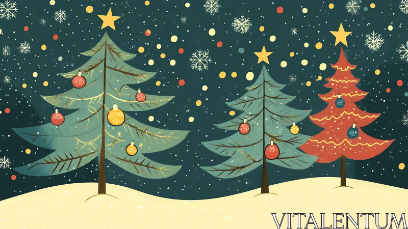 Snow-kissed Christmas trees sparkle under midnight starlight.