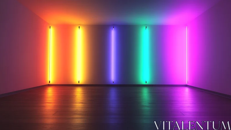 Neon light bars bathe a minimalist room in vivid gradients