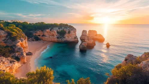 Sunlit cliffs cradle a secret turquoise cove at golden hour.