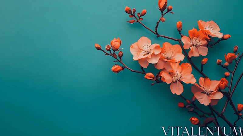 Coral Blossom Branches Against Teal Background Studio Composition