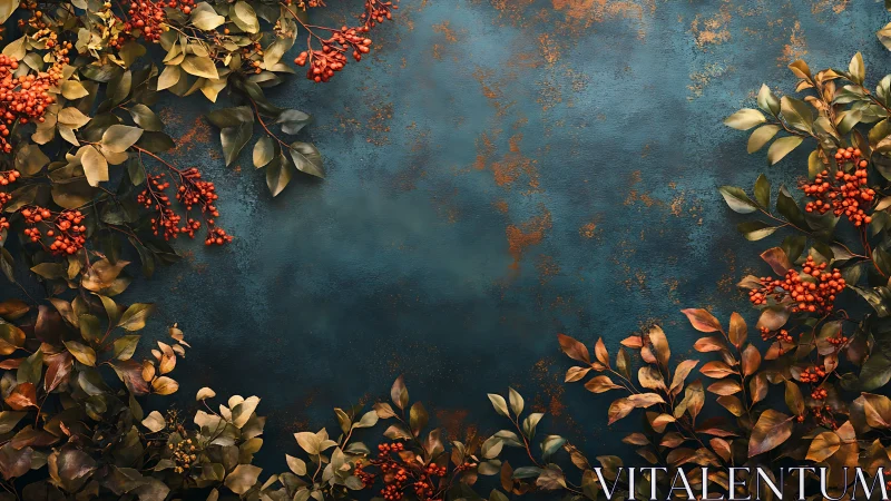 Autumn foliage frames teal textured background surface