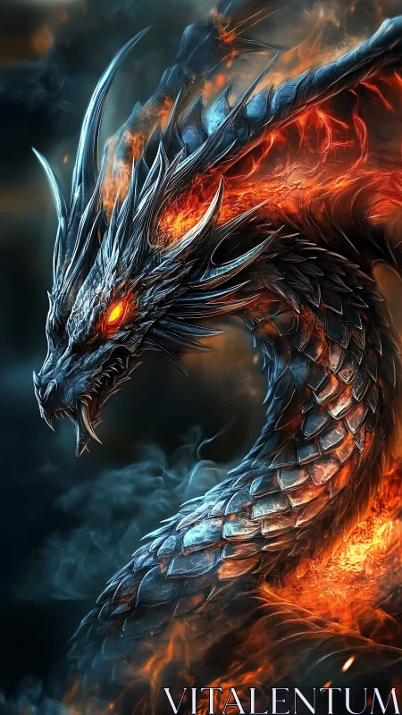Digital rendering depicts metallic scaled dragon with fire core