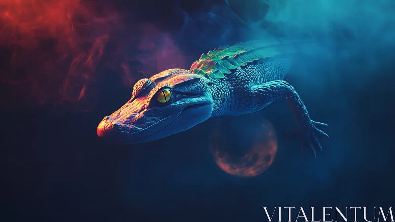 Mystical neon alligator glides through colorful cosmic mist
