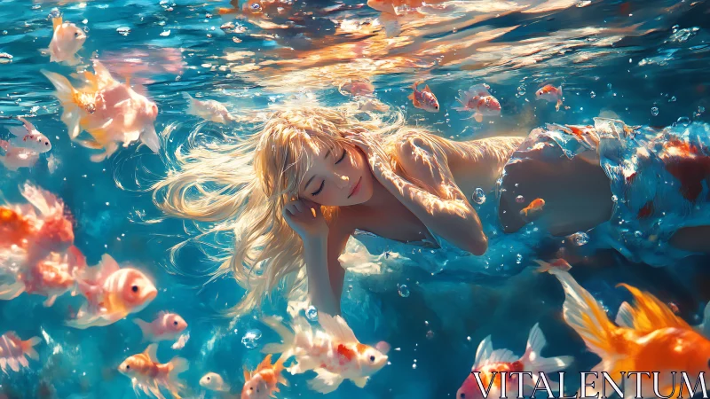Dreaming mermaid drifts among glowing koi fish underwater.