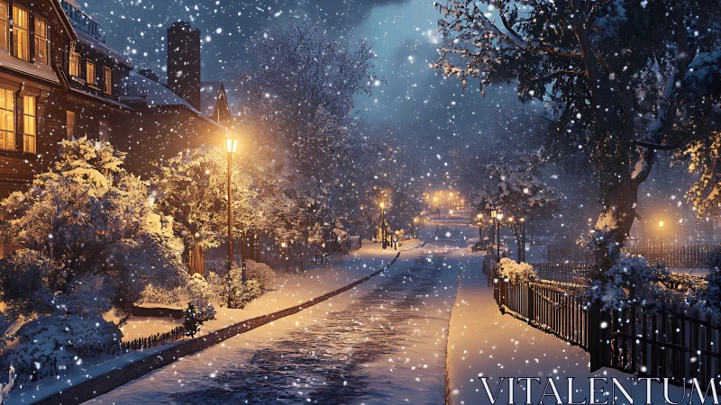 Snow-covered residential street under evening lamplights.