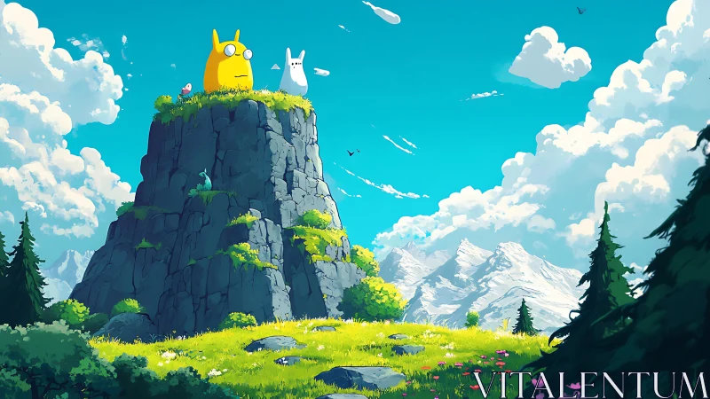 Sunny mountaintop guardians overlooking bright valley meadow.