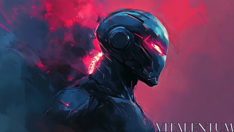 Armored humanoid figure in neon red and blue digital scene.