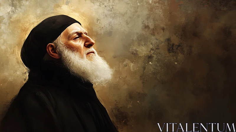 Elderly bearded man in profile with dark robe and hood.