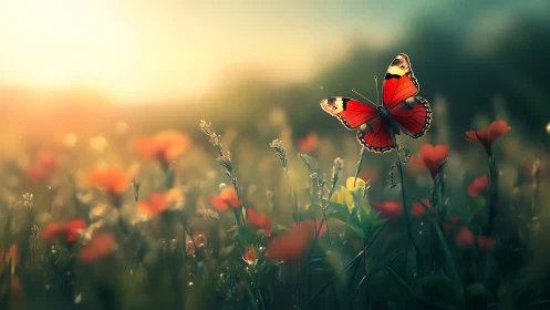 Sunlit scarlet butterfly drifting through dream-bright meadow.