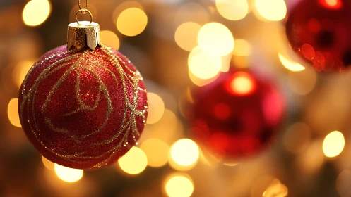 Red ornament closeup against defocused warm light bokeh.