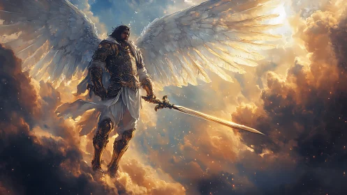 Armored seraphim descends through incandescent storm clouds